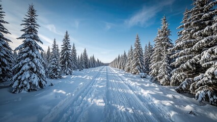 Naklejka premium Snowy route extending forward with a crisp blue sky overhead