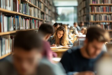 A focused student immerses in studies amid the library's serene atmosphere