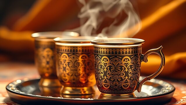Traditional Arabic coffee cups with gold designs, steam rising against saffron fabric, warm and festive.