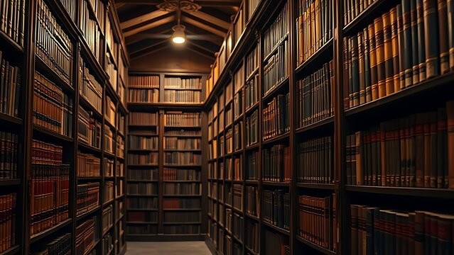 Aged wooden bookshelves filled with classic leather-bound books, evoking a timeless scholarly vibe.