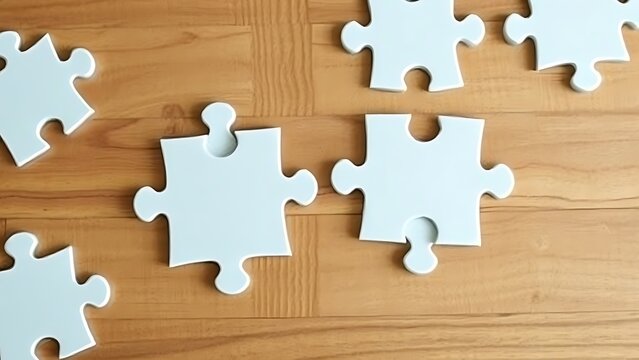 Jigsaw puzzle pieces arranged on wooden table, representing partnership through interconnected shapes.