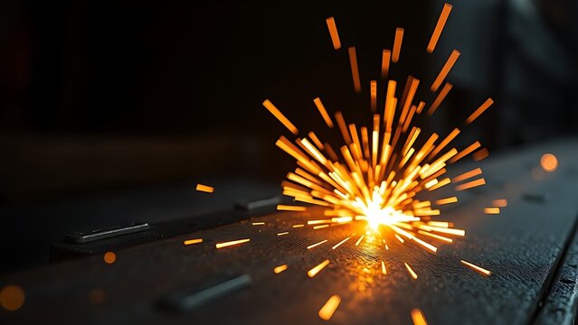 Close-up of glowing orange sparks on textured metal in a dark industrial environment.