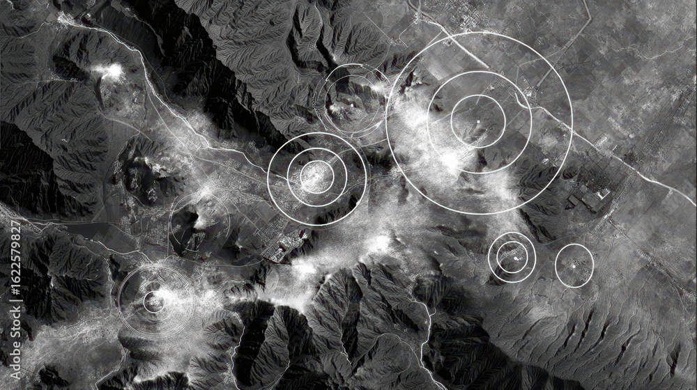 Poster grayscale satellite imagery of terrain with circular overlay patterns