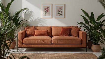 Modern interior scene with couch, cozy blanket, decorative cushion, and indoor plants