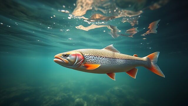 Underwater scene of trout swimming in a clear river with natural light creating a serene aquatic atmosphere.