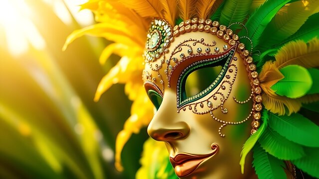 A vibrant carnival mask with golden-green feathers and sequins, set against tropical foliage.