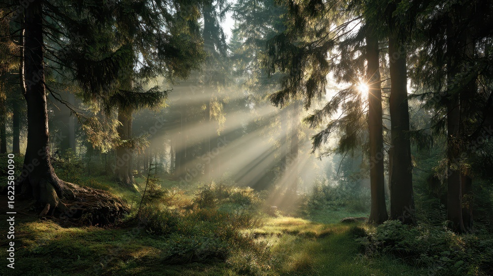 Poster serene forest glade with sunlight rays filtering through trees