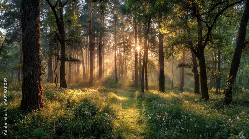 Poster sun rays filtering through trees in a tranquil forest glade scene