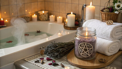 Cozy home spa corner features witchy bath salts, soft towels, and flickering candles, creating serene atmosphere for relaxation and self care