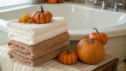 Soft towels and mini pumpkins are beautifully arranged by bathtub, creating cozy and inviting atmosphere perfect for relaxation. warm colors and textures enhance serene setting