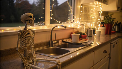 Small skeleton decor sits beside cozy sink adorned with warm lights, creating charming atmosphere in kitchen setting. scene evokes playful yet inviting vibe, perfect for season