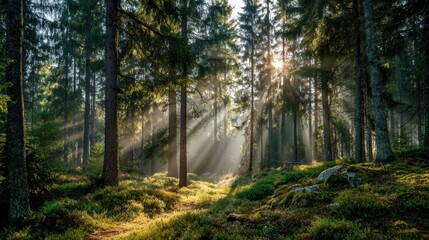 Obraz premium Sun Rays Illuminate a Scenic Forest Glade Filled with Greenery