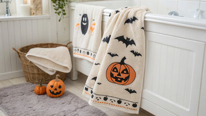 Cozy bathroom featuring Halloween themed towels hanging by bathtub, with decorative pumpkins and basket. warm atmosphere invites festive spirit and comfort