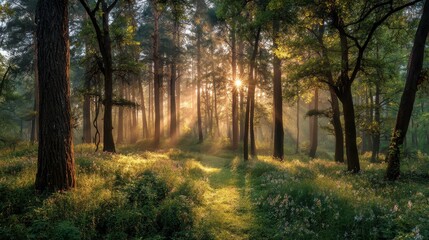 Naklejka premium Sun Rays Filtering Through Trees in a Tranquil Forest Glade Scene