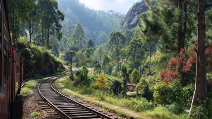 Fototapeta premium Scenic Railway Journey Through Tranquil Hills and Lush Landscapes