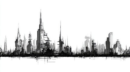 Fototapeta premium Futuristic Cityscape Silhouette in Sci-Fi Artistic Line Art Style