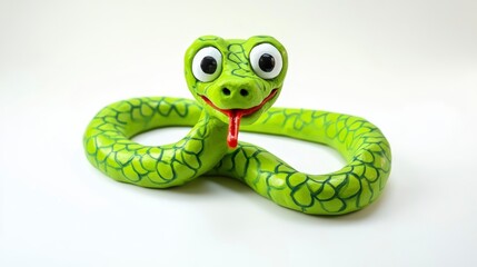 Fototapeta premium Playful green snake figurine with large eyes and tongue, isolated on white background.