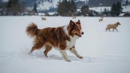 Running through the snow, a brown and white Border Collie enjoys the winter landscape