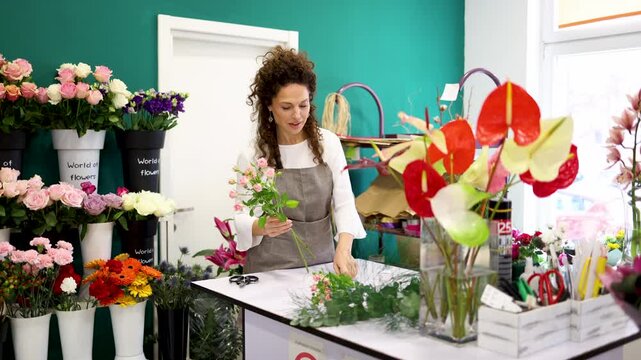 Skilled florist creating professional floral arrangement, carefully positioning colorful blooms inside cozy workshop space