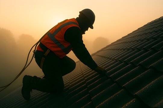 Professional roofers installing tiles and shingles at sunrise with tools and safety gear, showing precision, teamwork, and craftsmanship in roofing construction. Perfect for industry, work, and labor - Powered by Adobe
