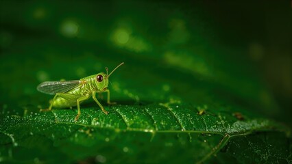 Naklejka premium Small young grasshopper resting on a lush green leaf