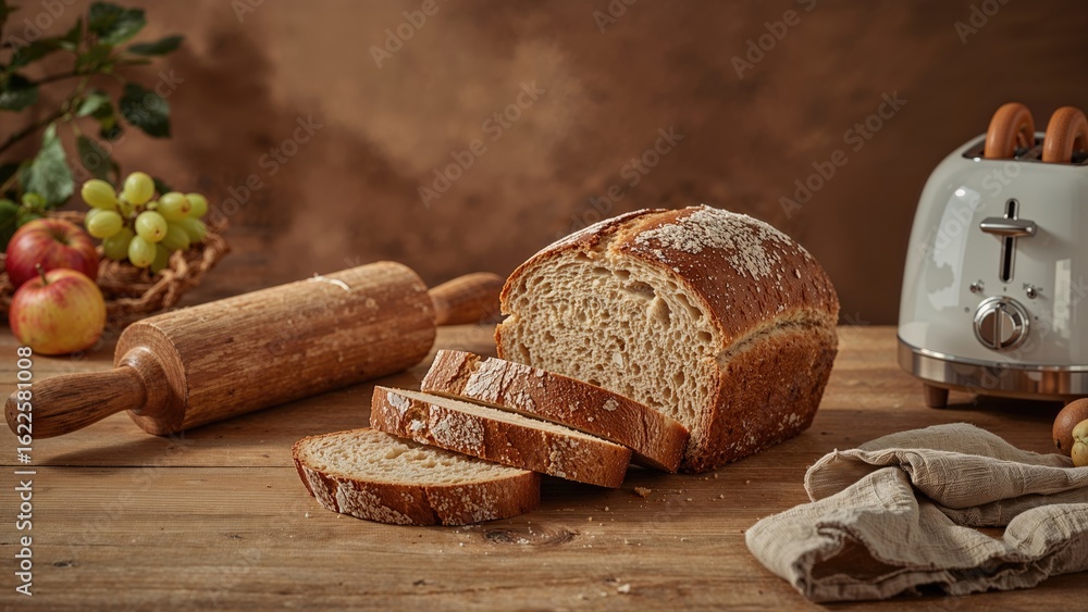 Poster wooden table displaying sliced loaf with a rolling pin