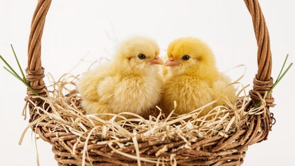 Small yellow chicks sitting in a straw-lined woven basket