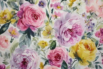 Delicate watercolor floral pattern featuring lush pink and yellow roses with soft green foliage, perfect for elegant designs and romantic themes.