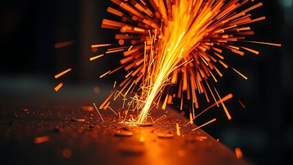 Abstract close-up of orange sparks radiating from an industrial metal surface.
