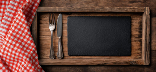 Closeup and top view of a vintage empty blackboard with wooden frame, silver cutlery, a fork and a knife, red and white checkered tablecloth. Template for recipes or food and drink menu. Generative Ai