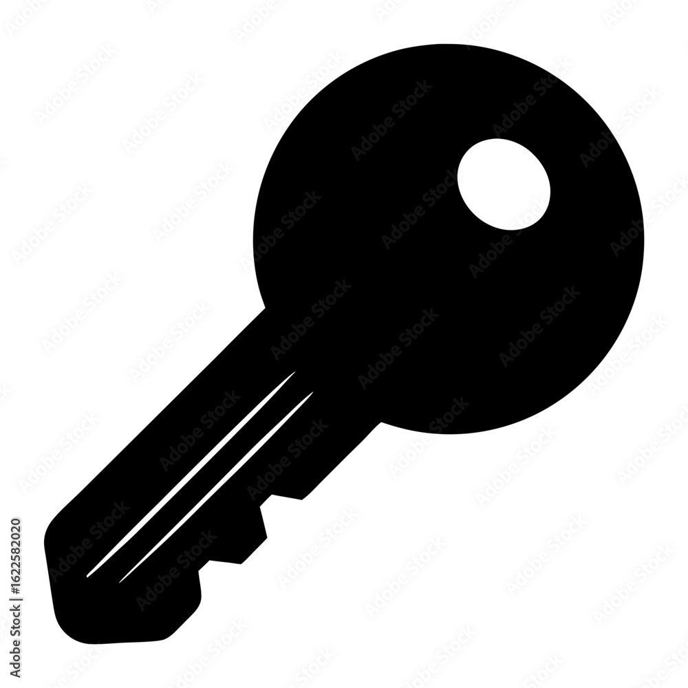 Poster single isolated solid black silhouette of a key with a rounded handle