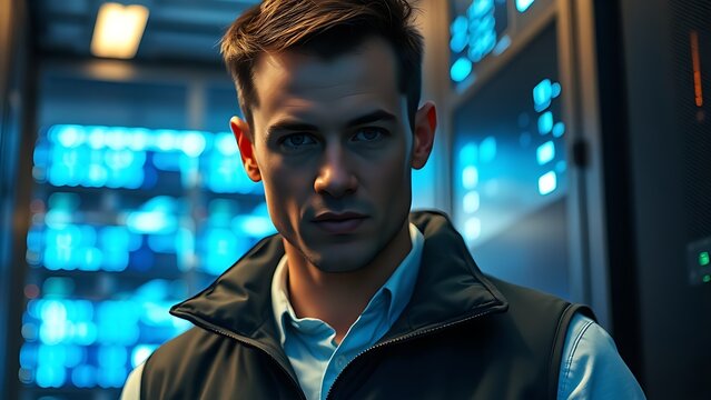 A focused individual in a tech vest, standing against a backdrop of glowing server racks.