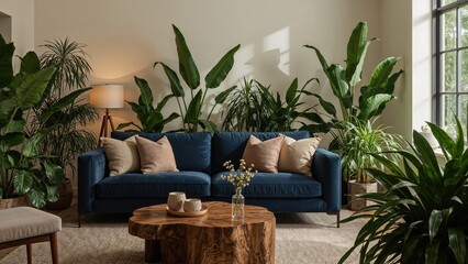 Fototapeta premium Cozy seating in a peaceful room with a blue couch, flourishing plants, and gentle warm lights for relaxation