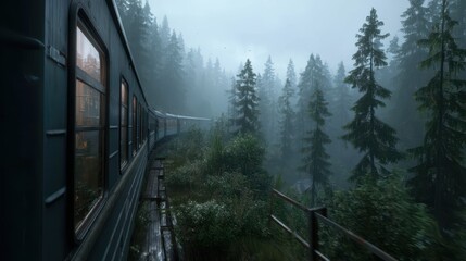 Fototapeta premium Slow Train Ride Through Foggy Forest Landscape with Scenic View