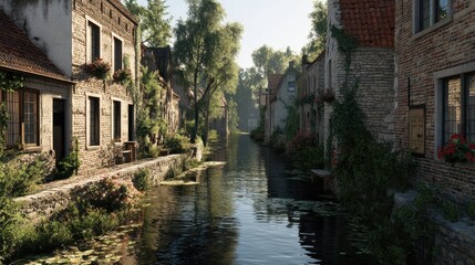 Naklejka premium Tranquil Canal Running Through Serene Village Surrounded by Nature