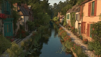 Serene Canal Flowing Through Charming Village in Quiet Landscape