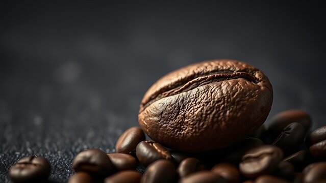 A macro shot of roasted coffee beans with textured details on a dark slate background.
