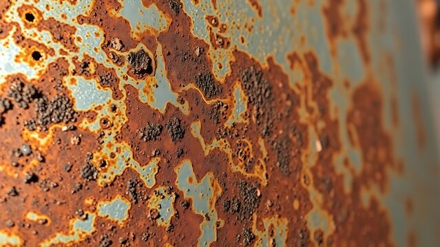 Close-up of oxidized steel surface with intricate rust patterns, showcasing metallic weathering details under directional light.