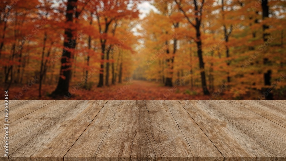 Aufkleber unoccupied rustic wood table with a blurred background of fall trees