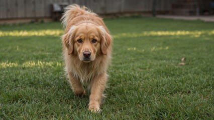 Fototapeta premium Golden Retriever Dog Moving on the Lawn in the Outdoor Area and Looking Straight