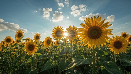 Golden sunflowers glow in the sunrise under a serene blue sky scattered with clouds © Rizvan