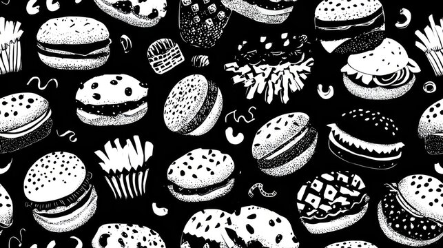 A stylized, black and white pattern featuring a variety of illustrated burgers and french fries