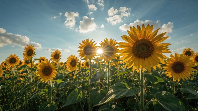 Golden sunflowers glow in the sunrise under a serene blue sky scattered with clouds