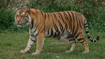 Recognized by its dark stripes and orange-brown fur, the tiger (Panthera tigris) is the largest existing member of the Panthera genus.