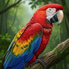 Obraz premium .Vibrant Scarlet Macaw Perched on a Branch in a Lush Forest