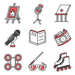 Icon Set Vector Illustration Featuring Art Easel Microphone Book Rollerskates and Movie Screen Doodle Style in Black and Red Colors