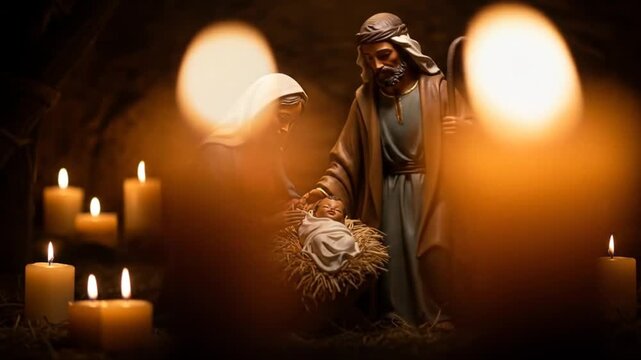 Nativity scene depicting Mary and Joseph adoring baby Jesus surrounded by candles in a warm stable setting