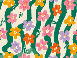 Seamless floral pattern with bold hand drawn blossoms in pink orange yellow and lilac scattered over wavy dark green stripes on a cream background designed for fabric wallpaper and wrapping paper appl