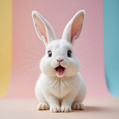 Fototapeta premium Adorable white rabbit on a colorful background. Generative AI