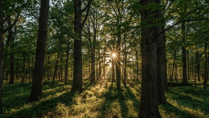 Fototapeta premium Bright sunlight streaming through tall trees